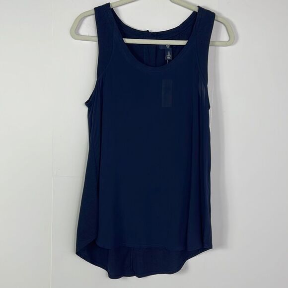GAP NWT Navy Blue Mixed Media Sleeveless Top, hi/low hem, Small - Picture 1 of 11